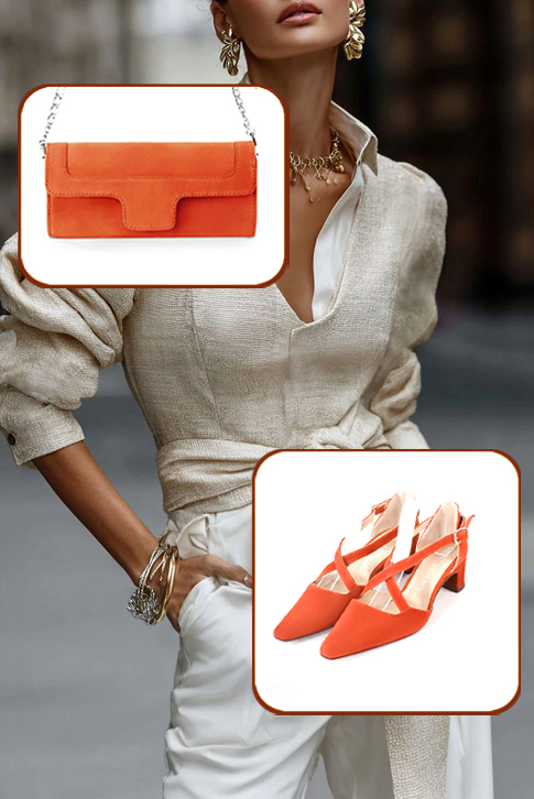 Dress heels closed-back crossed straps in clementine orange leather with kitten heels and tapered toe - Worn view